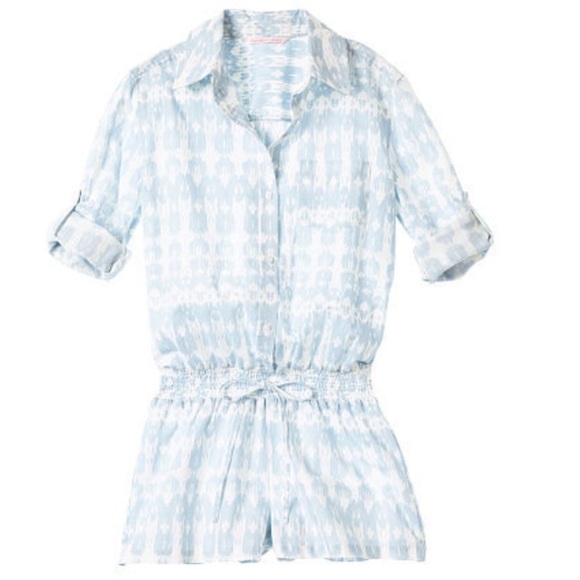 Victoria's Secret Women 12 White Pale Blue Linen Cotton Ikat Tie Dye Boho Romper - Picture 1 of 11